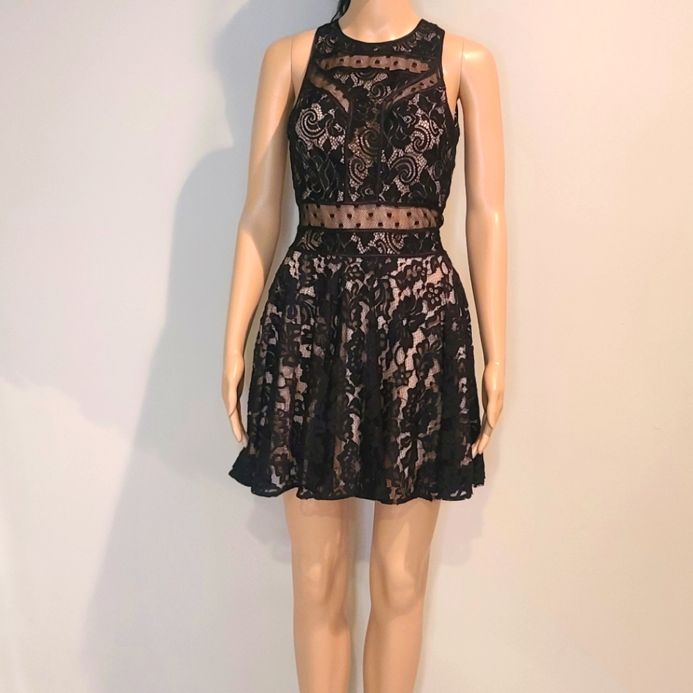 bebe “Mixed Media Lace Flare Dress”